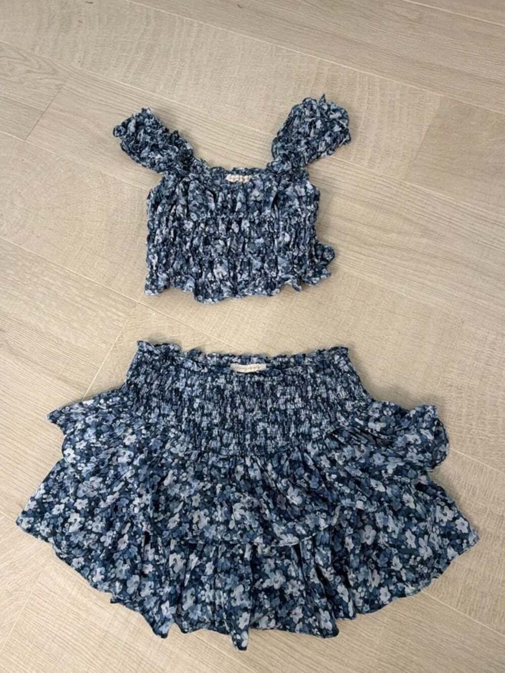 Pookie Sebastian Blue Floral Smocked Crop Top and Ruffle Skirt Matching Set
